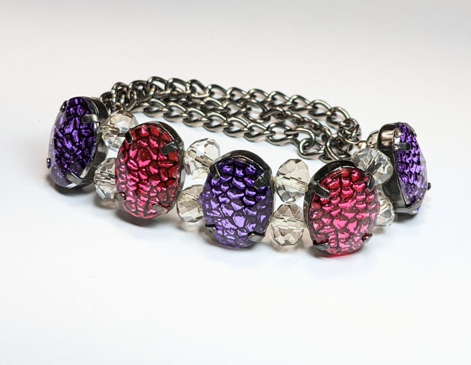 Snake Print Bracelet Chain Bracelet Woman Purple Silver Stretch Beaded 6 pcs