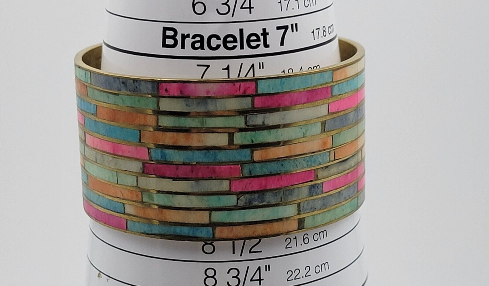 Vintage Style Wide Brass Mosaic Inlay Cuff Bracelet Made In India 8.25 in