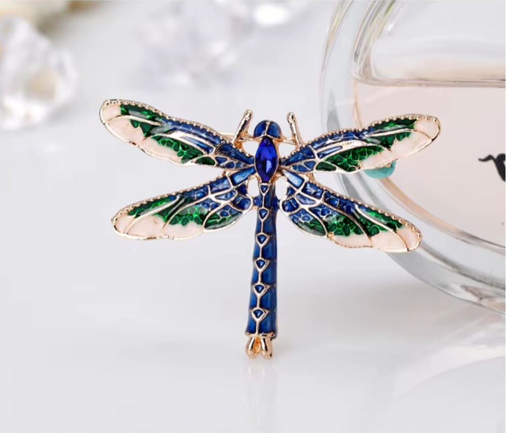 Vintage Blue Crystal Dragonfly Brooch Gold Insect Pin Summer Jewelry Gift Women