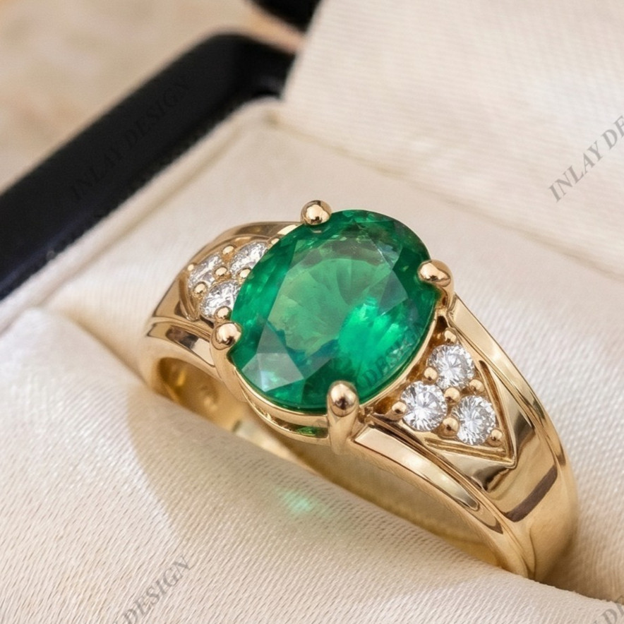 Princess Cut Oval Green Emerald 14k Yellow Gold Plated Unisex Ring For him