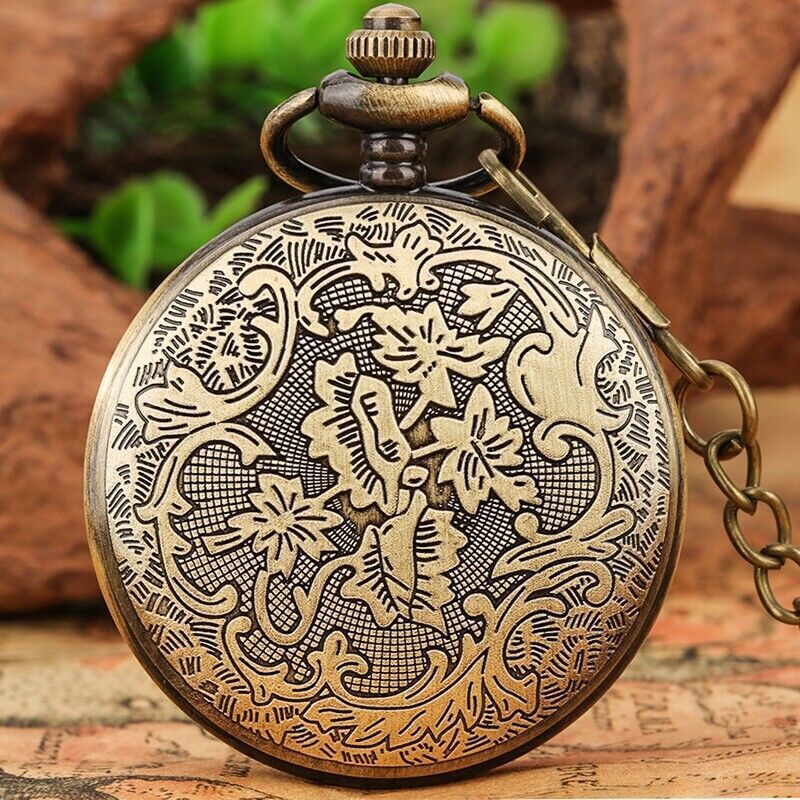 Bronze Nature Wood Alloy Case Men Women Quartz Pocket Watch Necklace Pendant