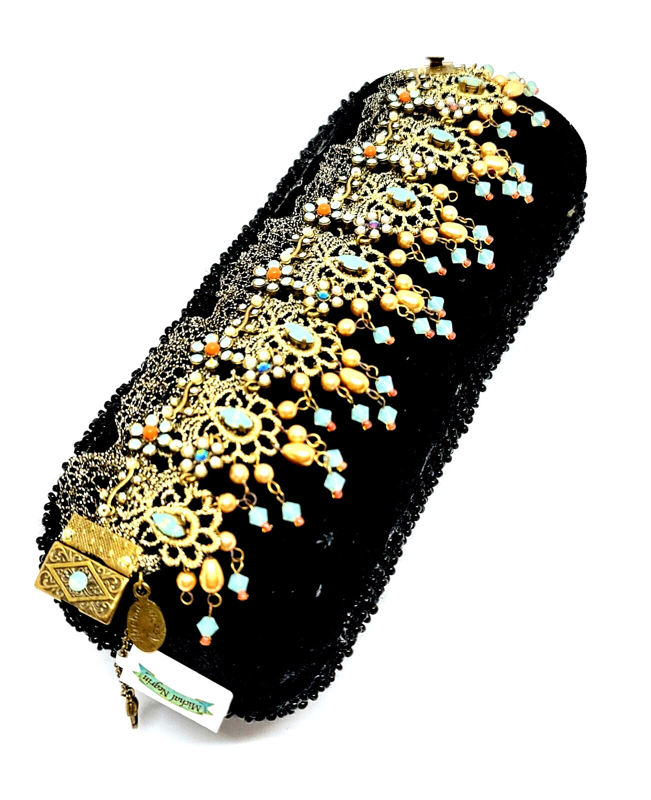 Lovely Michal Negrin Fabric Lace Bracelet Crystal Flowers Unique.