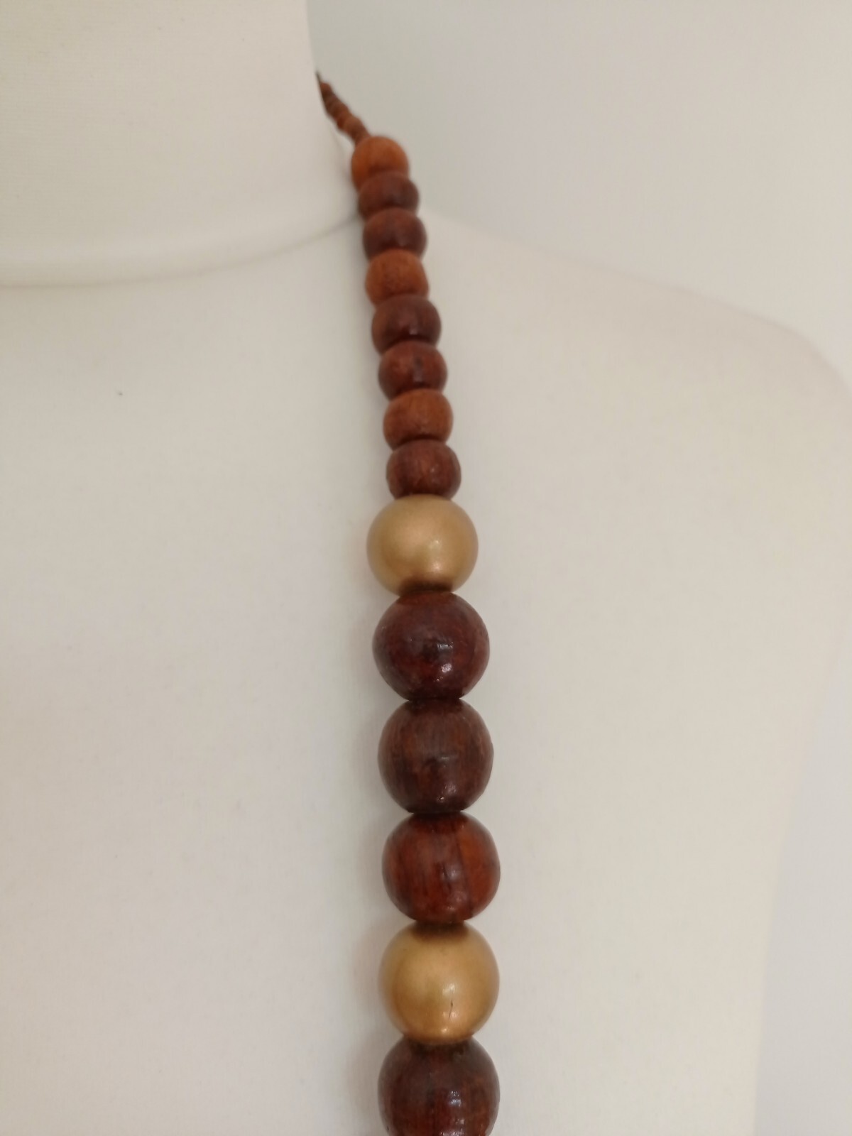 Boho Statement Chunky Round Wooden Beaded Brown & Gold Colour Necklace-82cm Long