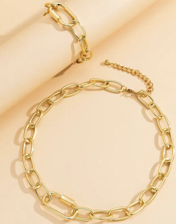 Fashion Women Chain Gold Metal Bracelet Necklace Jewelry Set