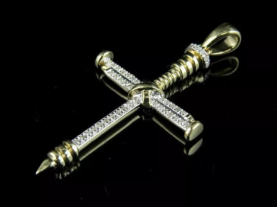 14K Yellow Gold Finish Nail Cross Pendant 0.50Ct 1.5 Inch Lab Created Diamond