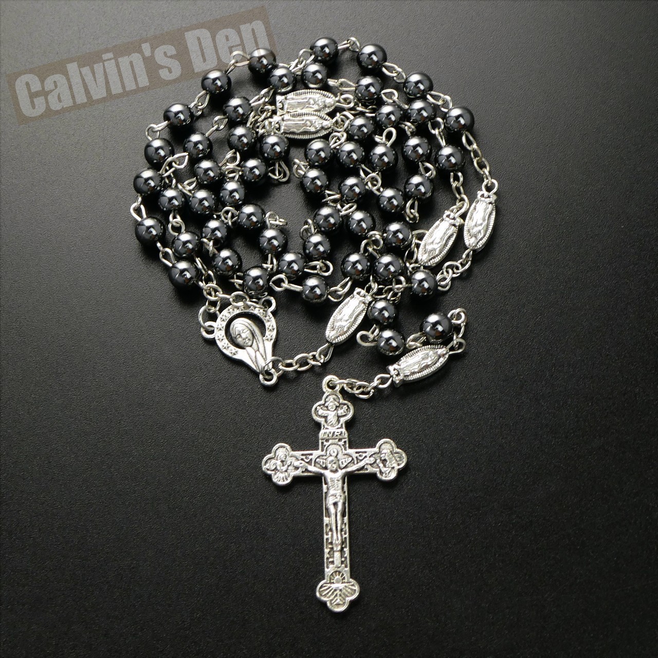 Hematite Bead Rosary Mary Crown of Stars Our Lady of Guadalupe Crucifix Italy