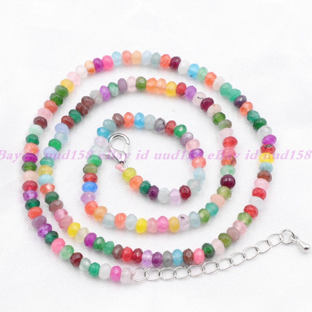Natural 2x4mm Faceted Multicolor Jade Roundelle Gems Necklace 18″ Silver Clasp