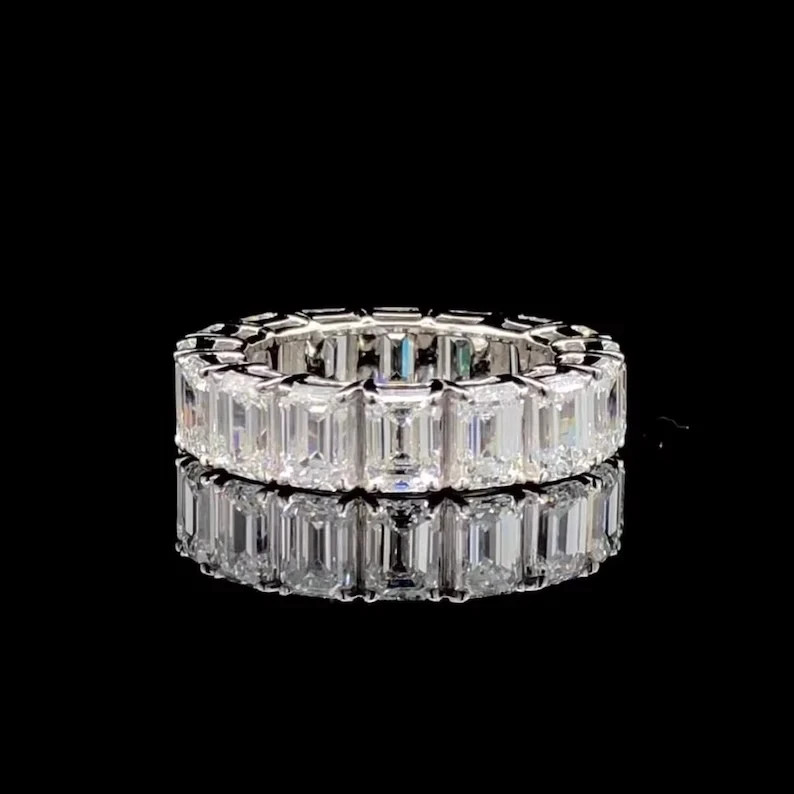 Fine Emerald Cut Lab Grown Diamond Eternity Band 8 Ct 14k White Gold VVS E F CVD