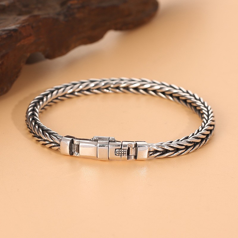 Real S925 Sterling Silver Bracelet Men’s Thai Silver 5mm Square Wheat Link