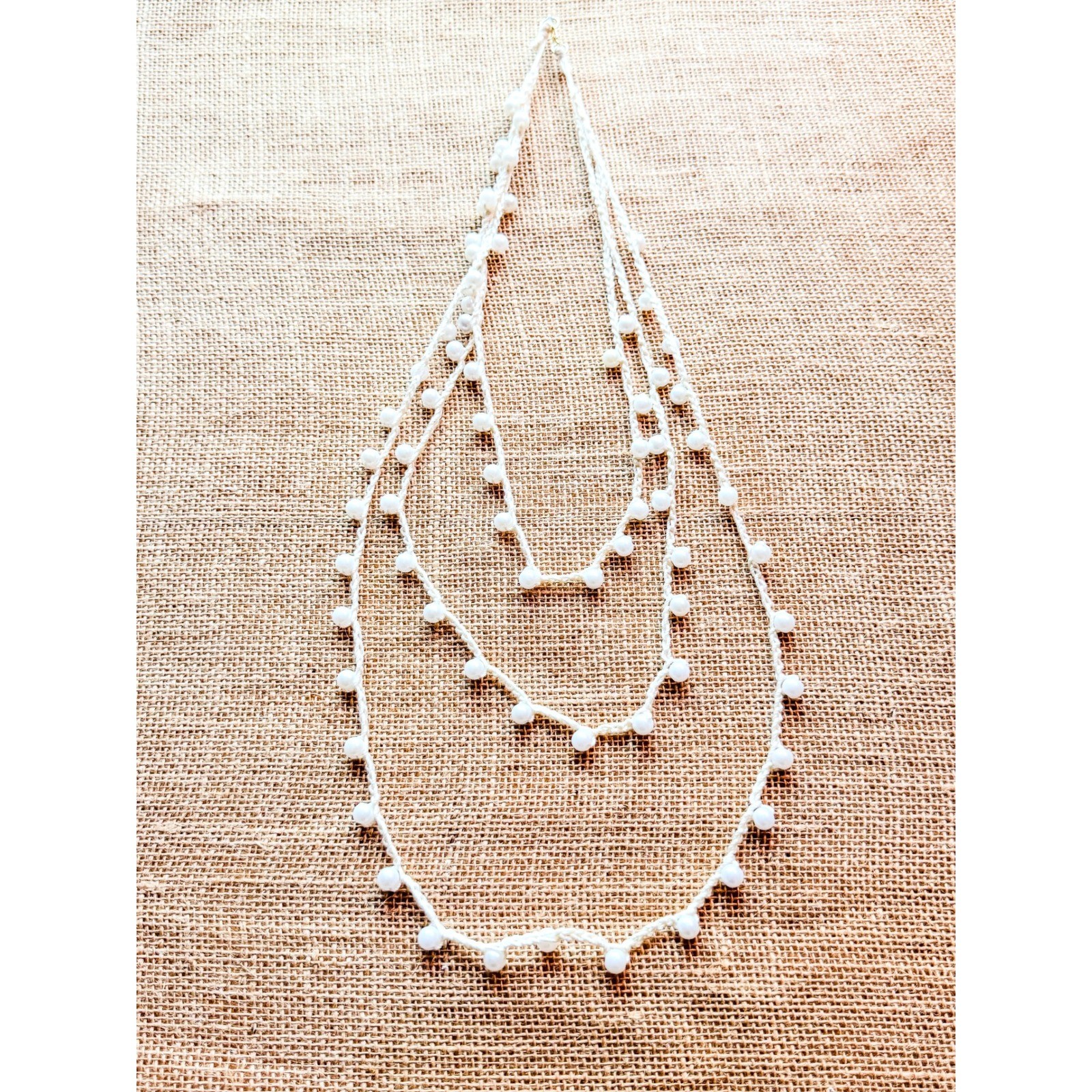 Boho Crochet Pearl Multi Strand Layered Necklace Cream White Beaded Handmade