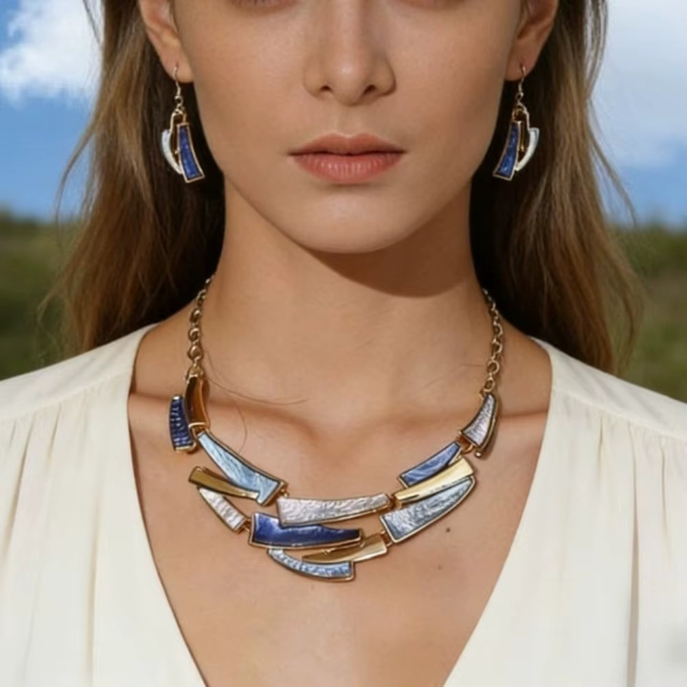 Layered Geometric Enamel Jewelry Set Necklace Earrings Zinc Alloy Elegant Gift