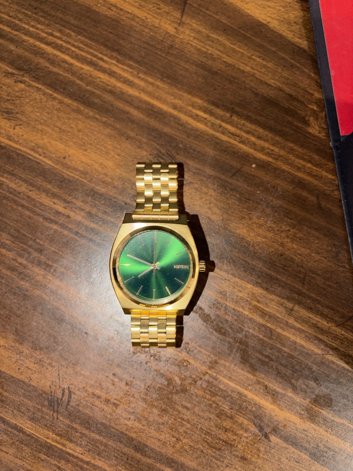 Nixon Time Teller Gold Green Sunray Watch Used Battery Needs Replacement