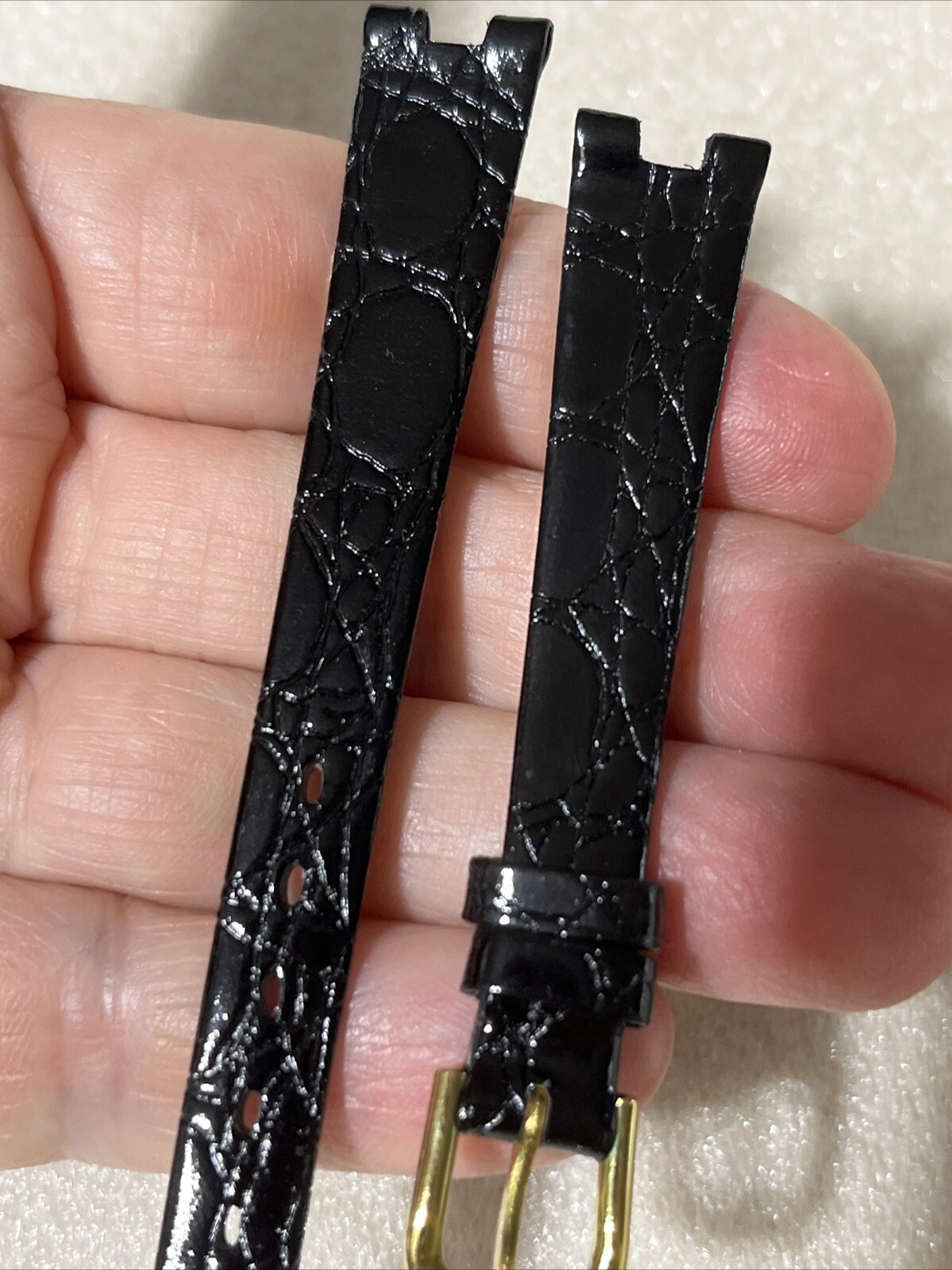 Jacques Edho Watch Strap 12mm Notched Thin Shiny Black Crocodile Print w/ Buckle