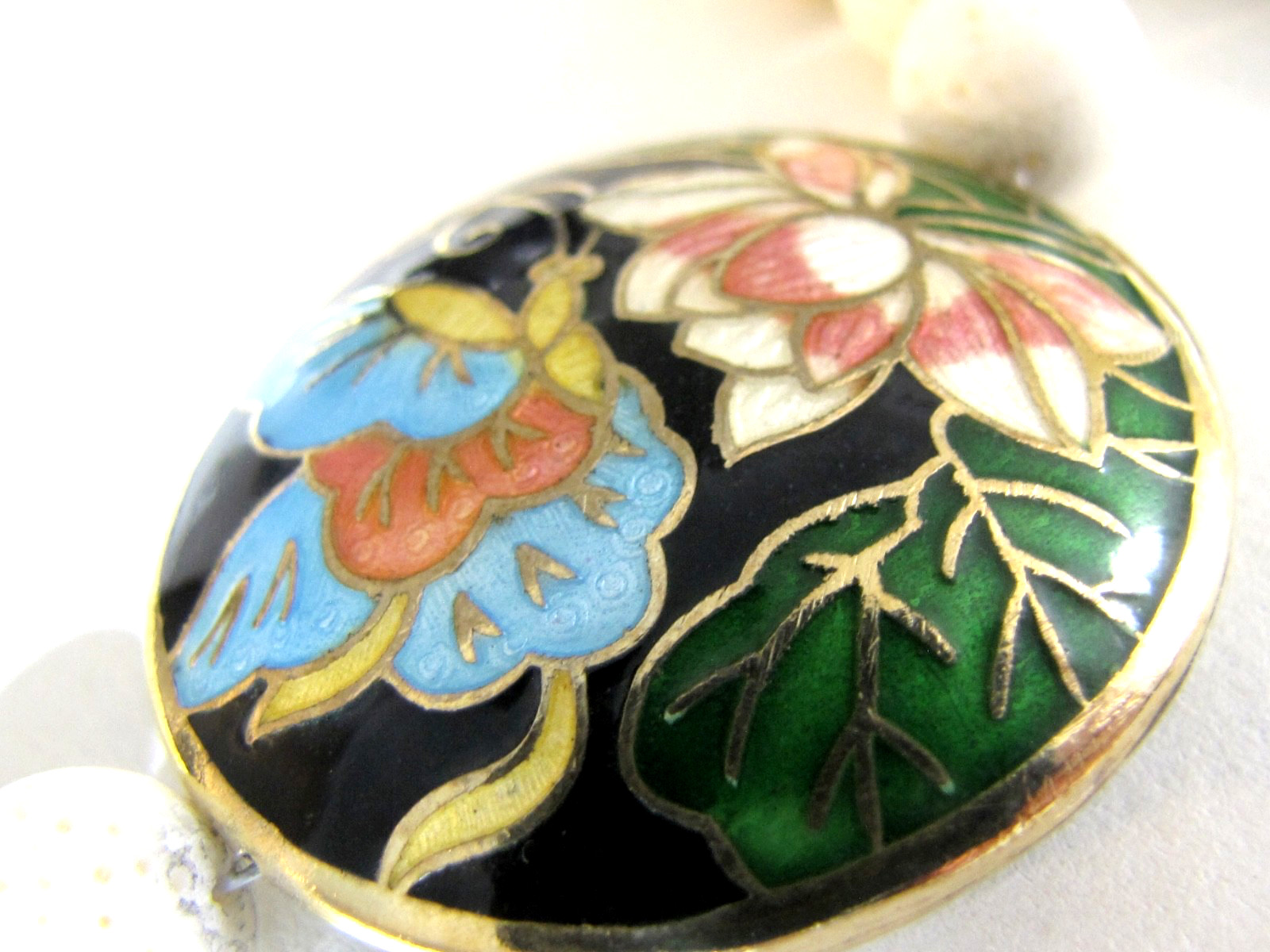 Vintage Cloisonné Butterfly Lotus Pendant Necklace White Sponge Coral Glass Bead