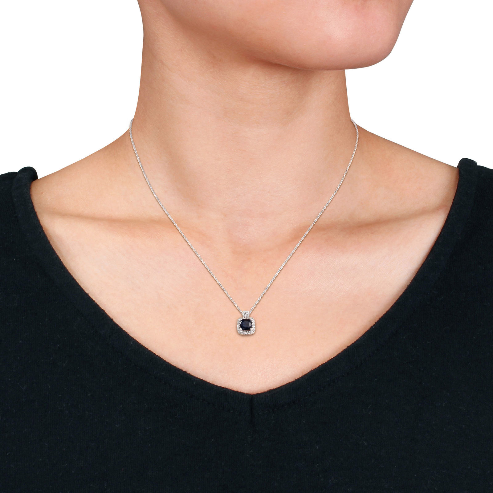 Amour 10K White Gold Diffused Sapphire 1/10CT TDW Diamond Halo Pendant – 17 in.