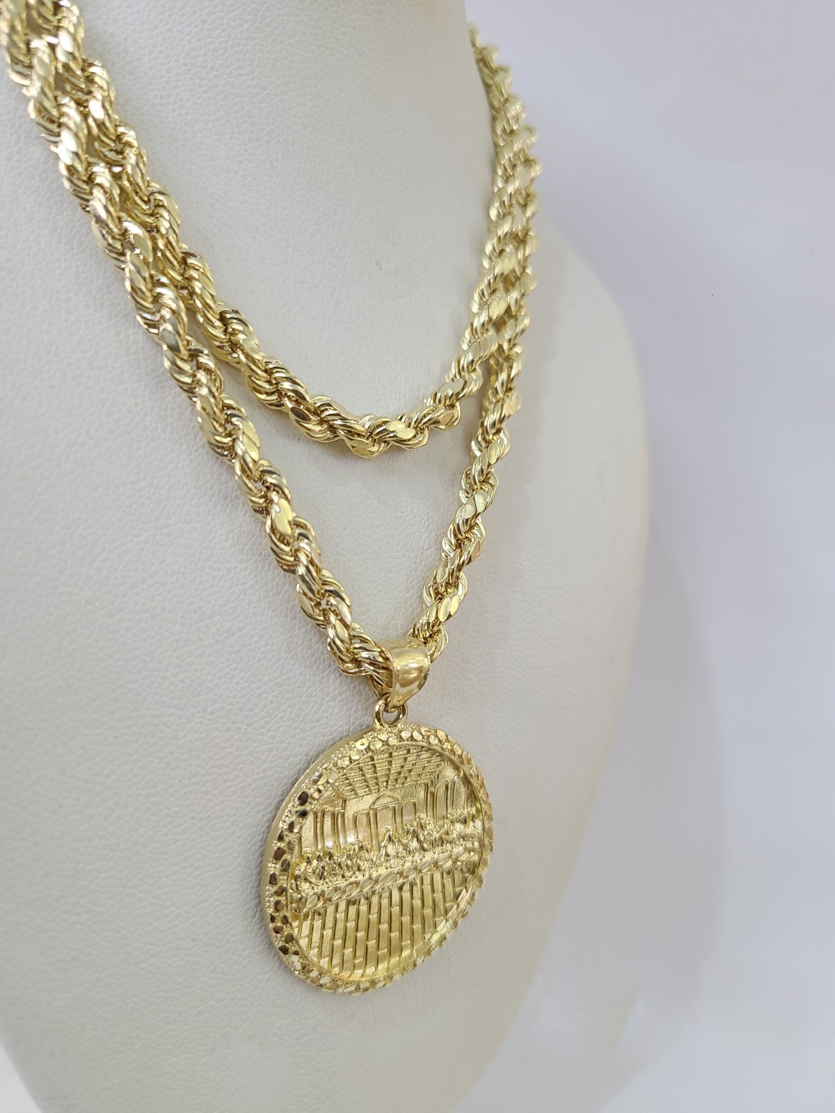 Real 10k Gold Rope Chain Last Supper Nugget Pendant Set 4mm 18″-28″