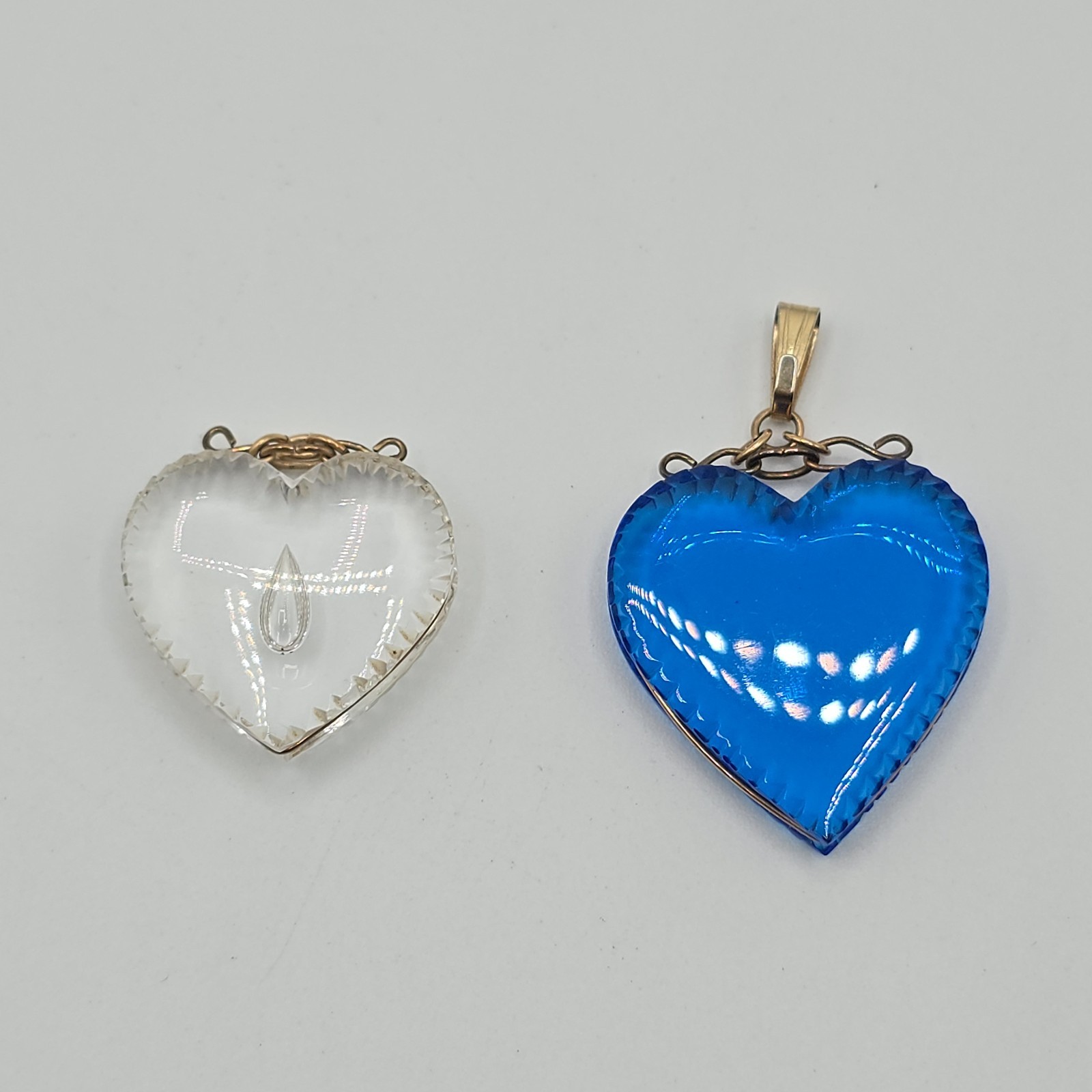 VTG Pressed Glass Heart Pendant 2 Pc Lot, Blue & Clear, Gold Tone Wire Wrapped