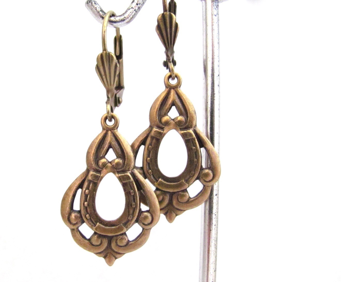 ART DECO Earrings Vintage Design Lucky Horse Shoe Antiqued Brass Gift for Her