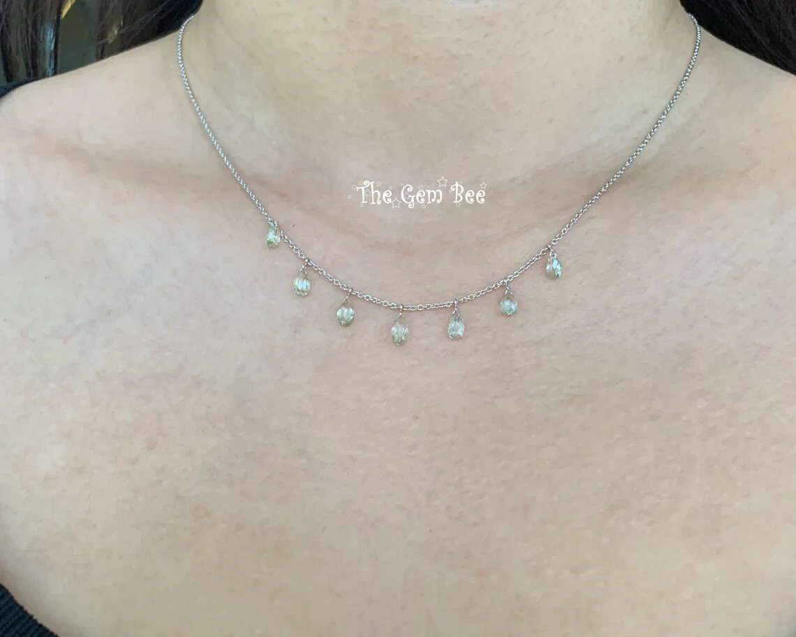 3.17CT Fancy Green Diamond Briolette Bead 18k White Gold Adjustable Necklace 18″
