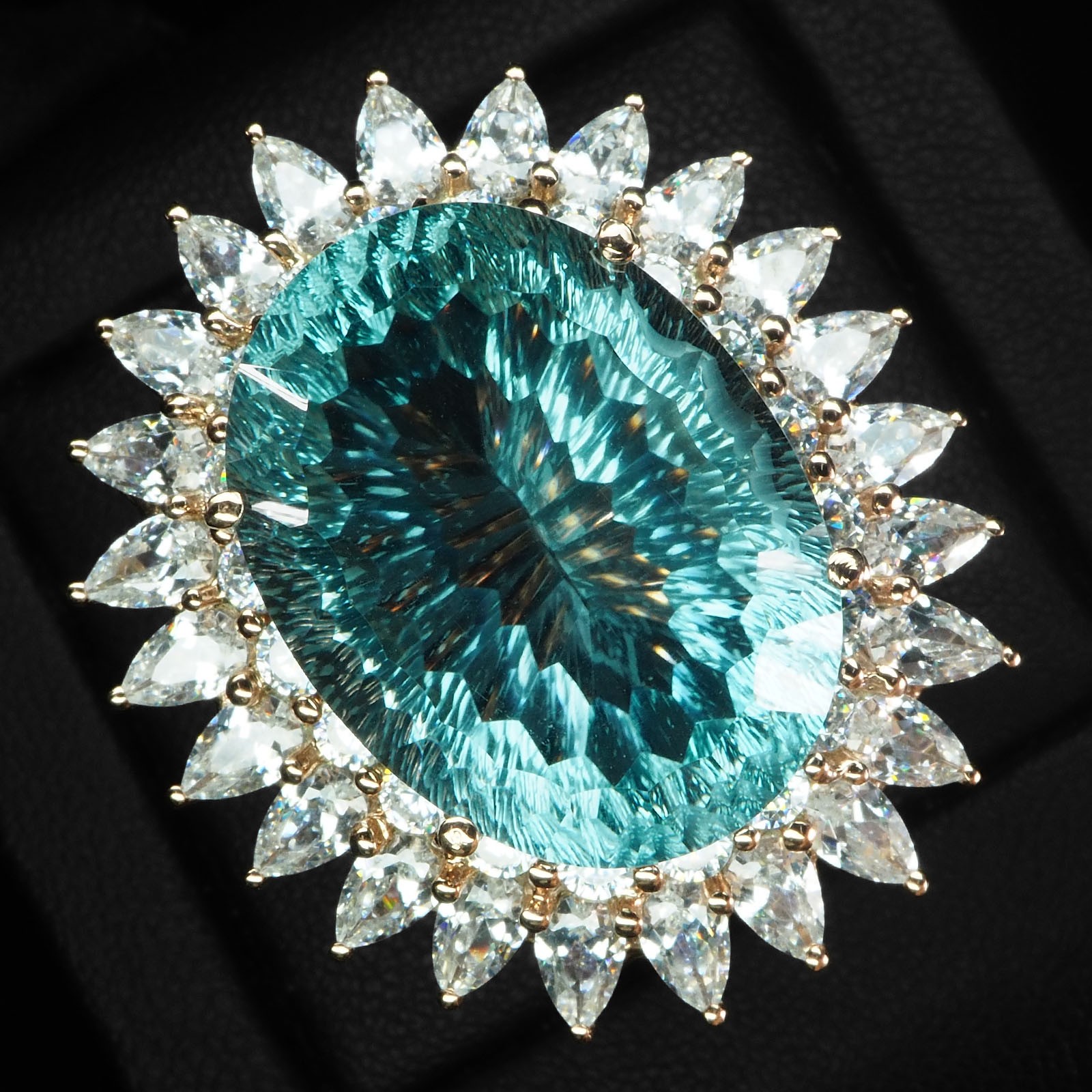 Charming Sea Blue Aquamarine Concave 26.75Ct 925 Sterling Silver Rose Gold Rings