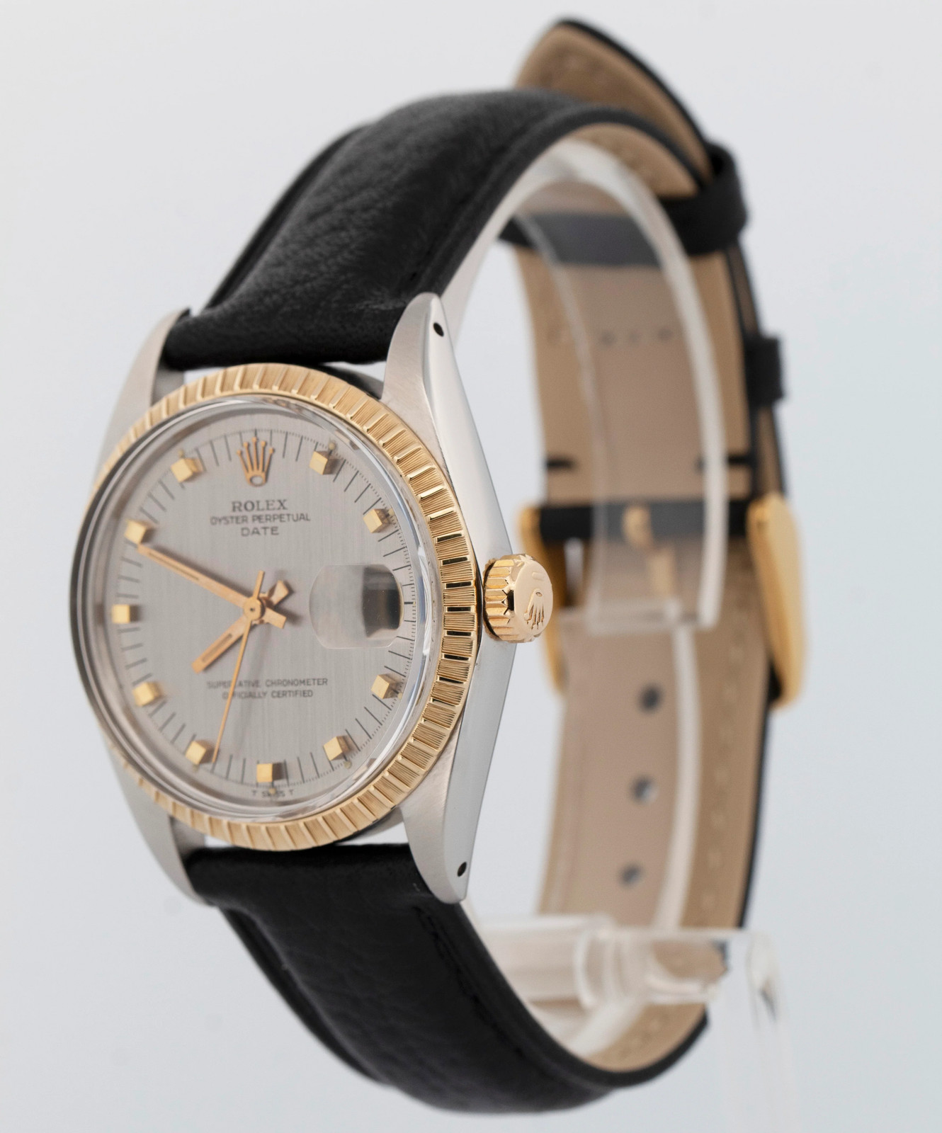 Rolex Oyster Perpetual Date GRAY Two-Tone Engine-Turned Gold 34mm 1505 Watch