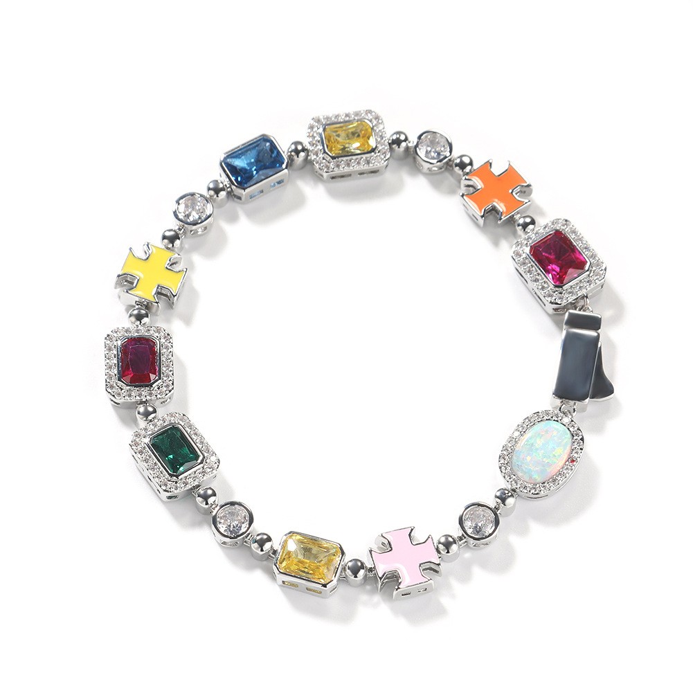 Gemstone Cross Tennis Chain Necklaces Bracelet Colored Men Women Hip Hop Jewelry