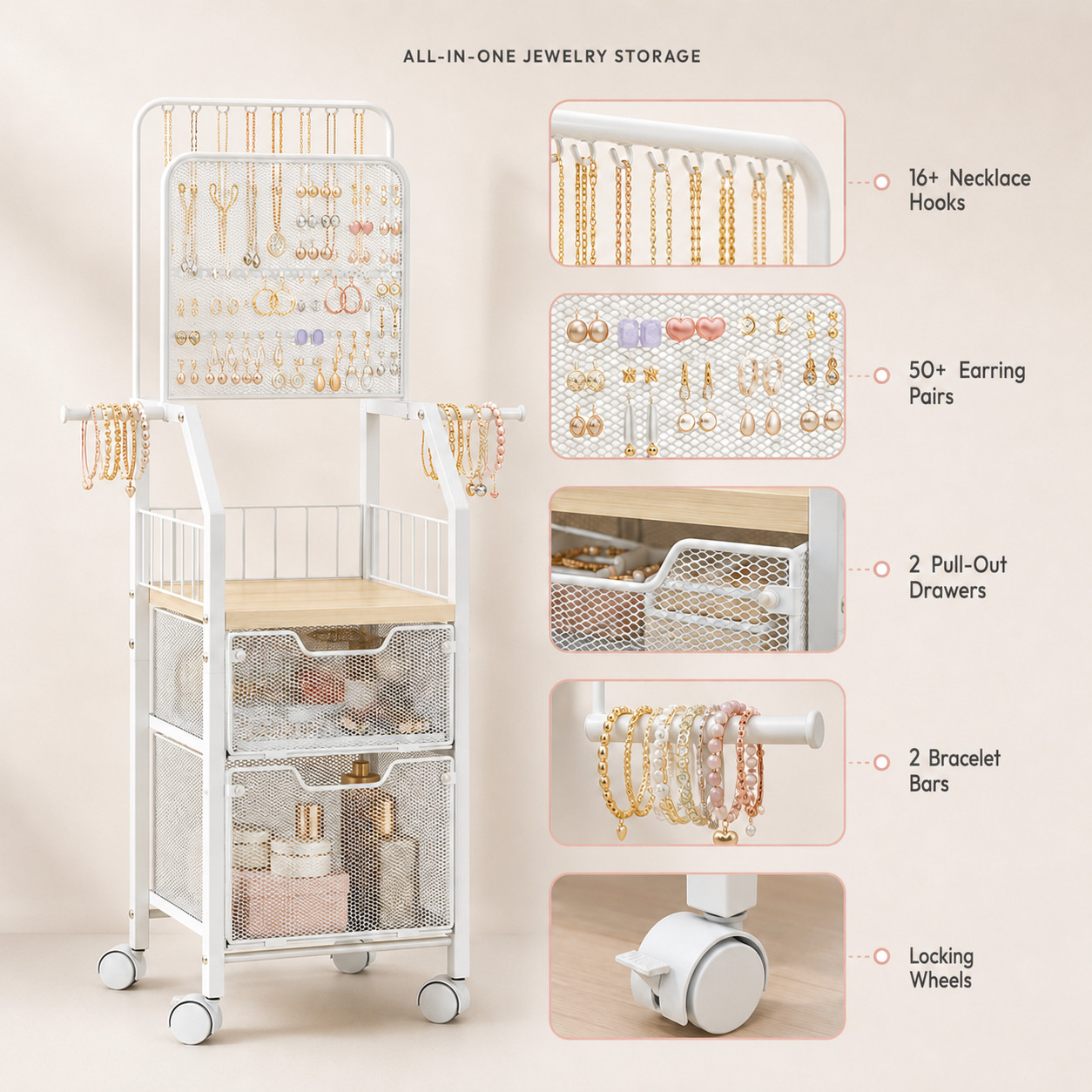 Rolling Jewelry Organizer Stand w/ 2 Drawers Necklace Earring Holder Cart White