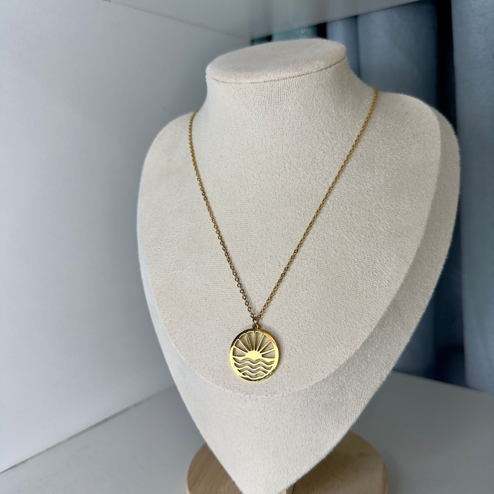 Gold Tone Sun and Wave Circle Pendant Necklace Minimalist Beach Jewelry 17 Inch