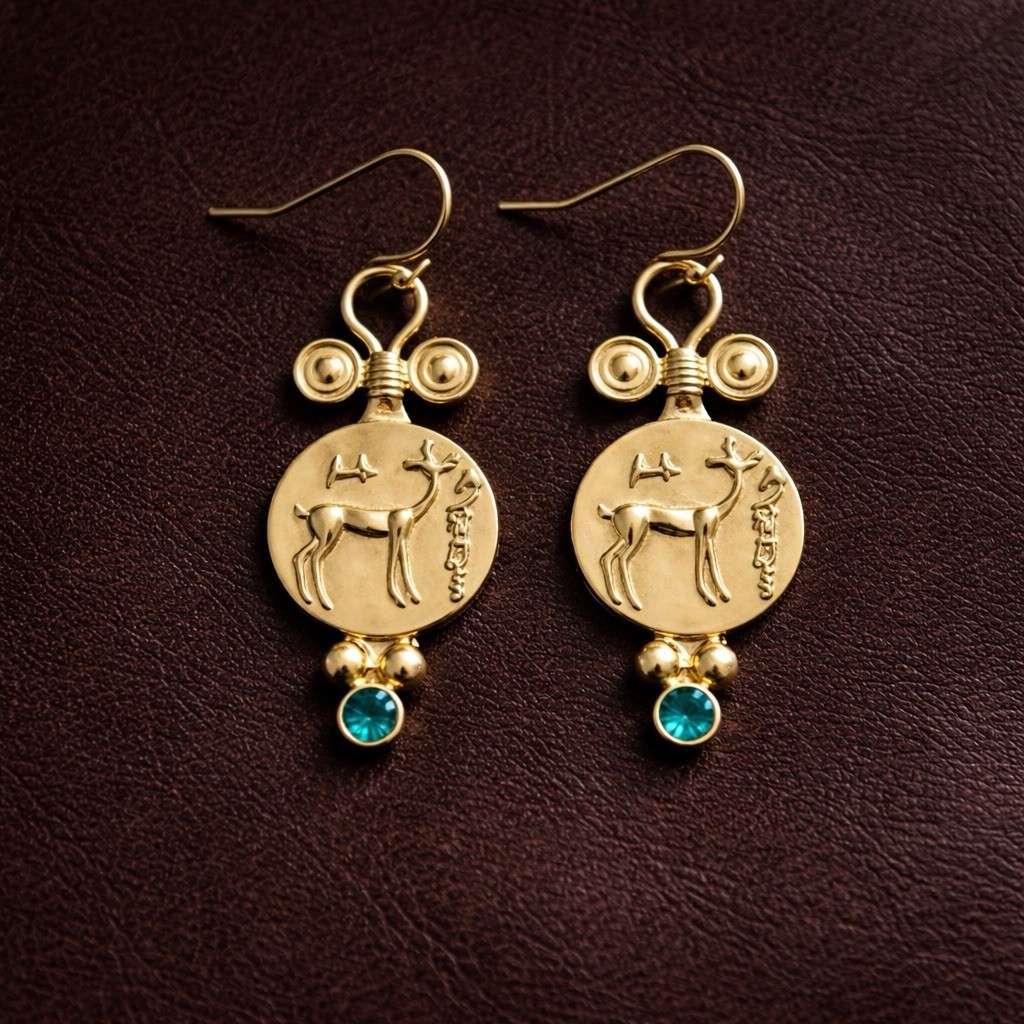 Museum Coin Medallion Gold Earrings Bird Deer Stag CZ VTG Ancient Greek Antique