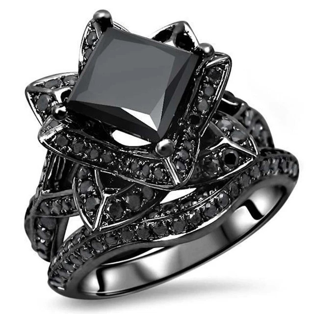 2.90 Ctw Created Black Diamond 14K Black Gold Plated Flower Wedding Bridal Ring