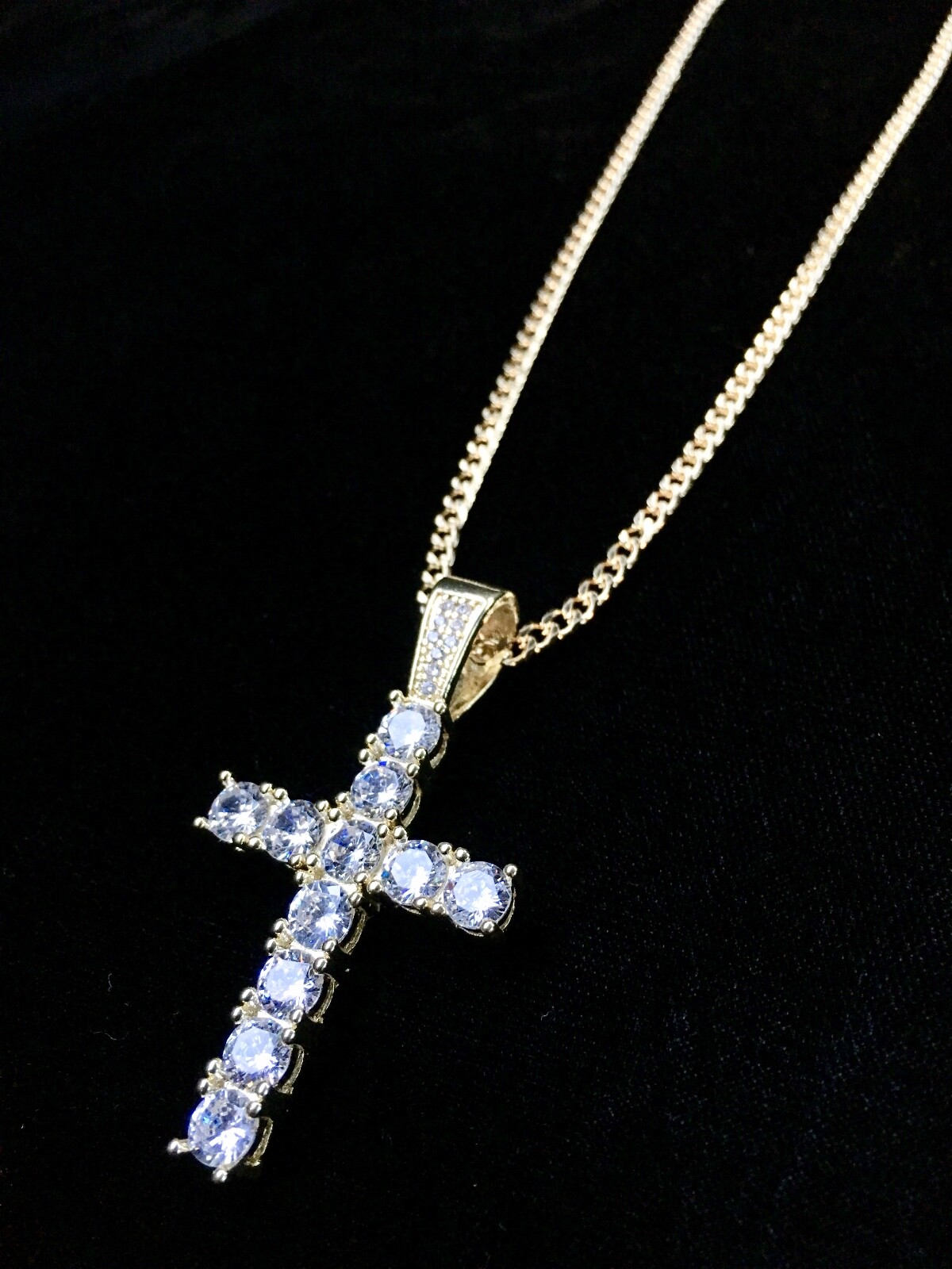 Cross Pendant Tennis Solid 18K Gold f Lab Diamond Cuban Link Necklace Chain Rope