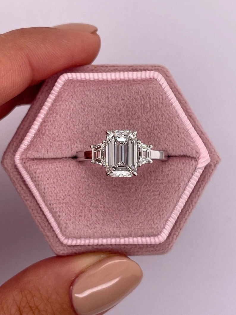 14K White Gold Emerald Cut 3 Carat Solid Moissanite Women Wedding Ring Size 5 6