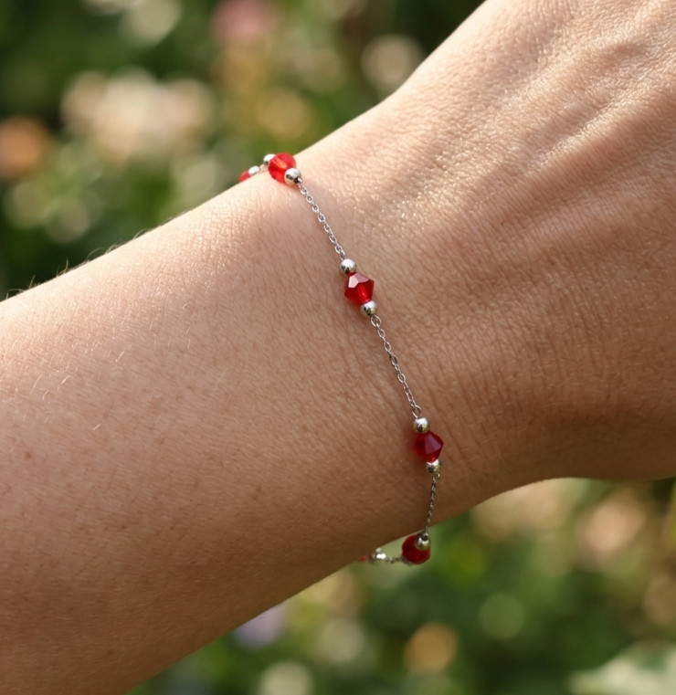 Minimalist Silver Tone Red Ruby Stone Beaded Bracelet for Women Elegant Brass