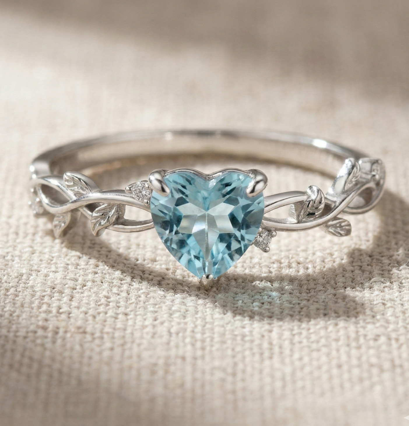 Heart Sky Blue Topaz Ring Leaf Vine Engagement Ring Nature Inspired Wedding Ring