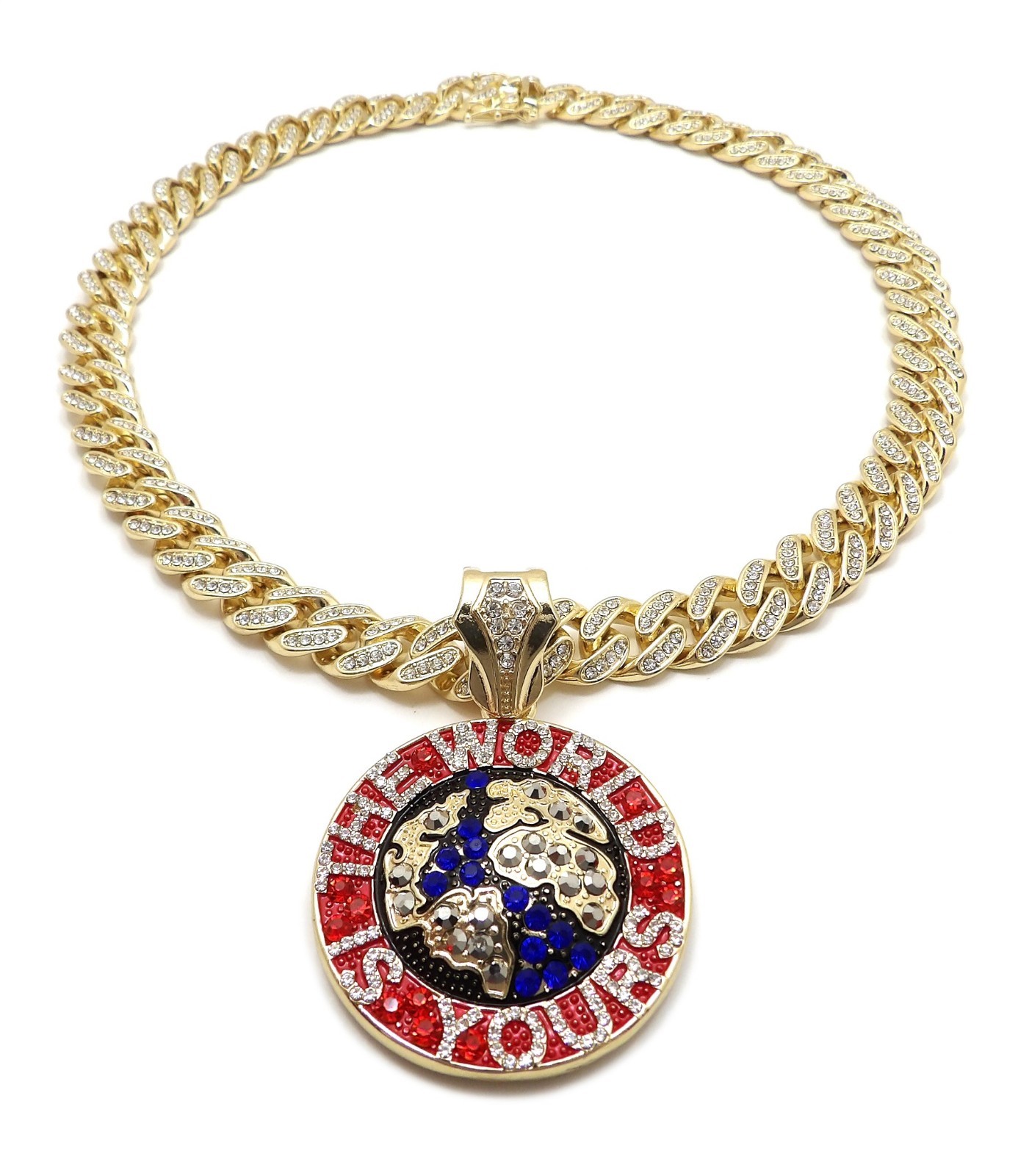 Hip Hop THE WORLD IS YOURS Pendant & 18″ Iced Box Lock Cuban Choker Bling Chain