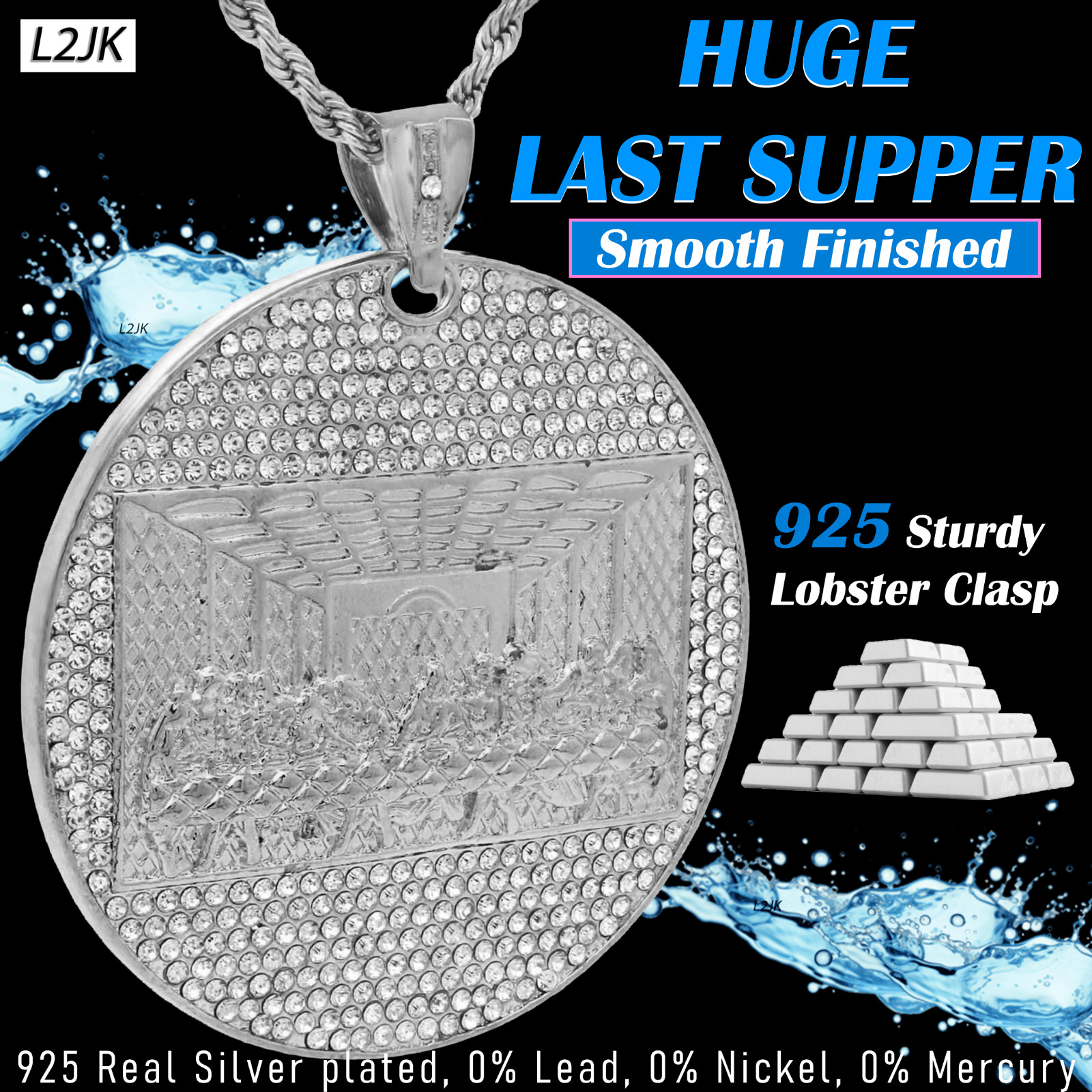 925 Silver Plated ” Huge LAST SUPPER” Pendant Cubic Zirconia 30″ Rope Chain