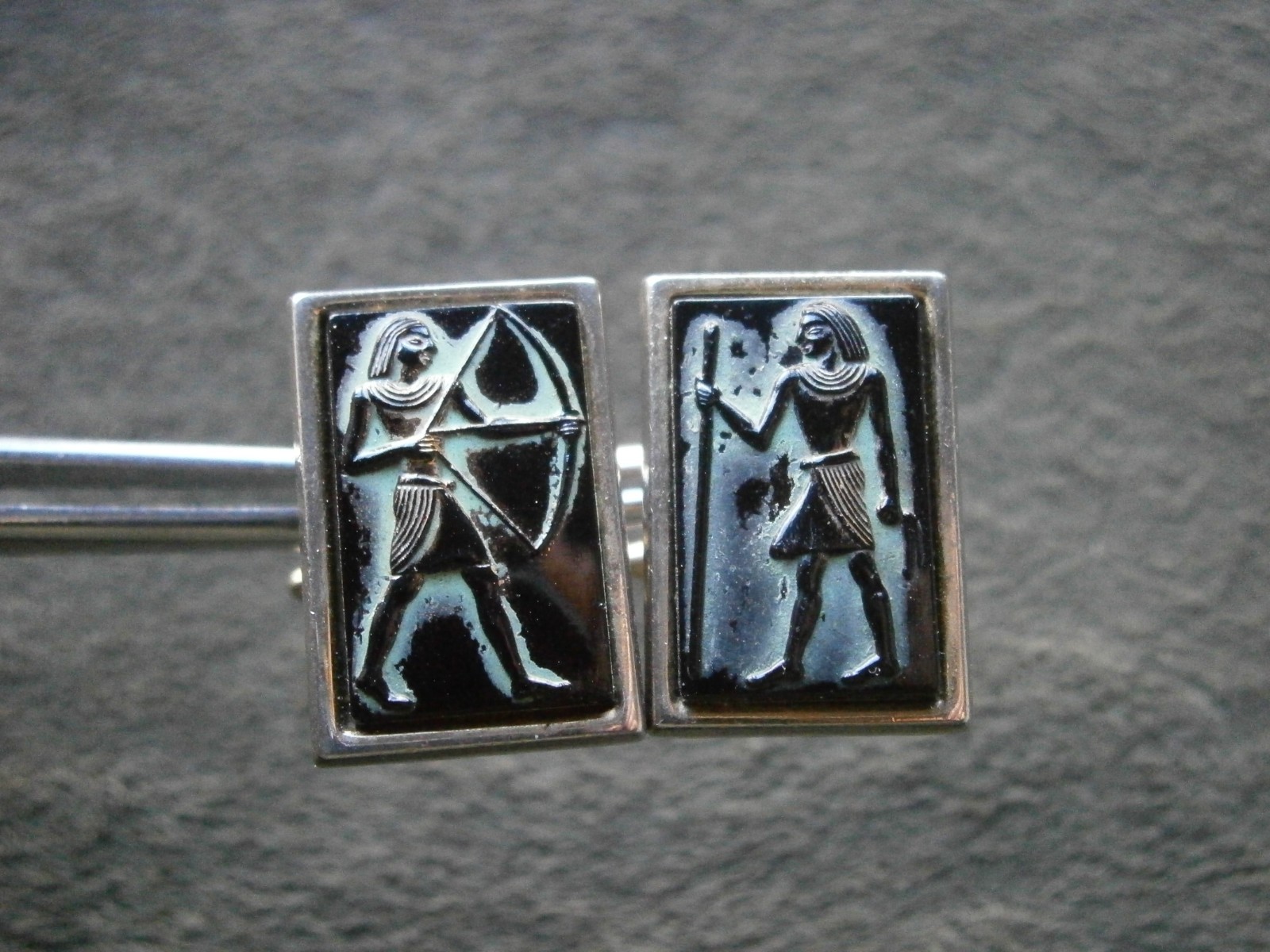Egyptian Revival Relief Carved Hieroglyphics Gods Vtg Goldtone Cufflinks 17.0g