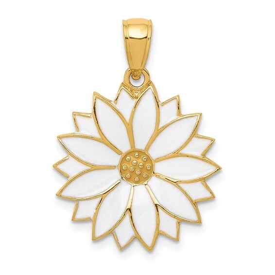 14k Yellow Gold Enameled White Daisy Flower Pendant approx 3/4″ tall
