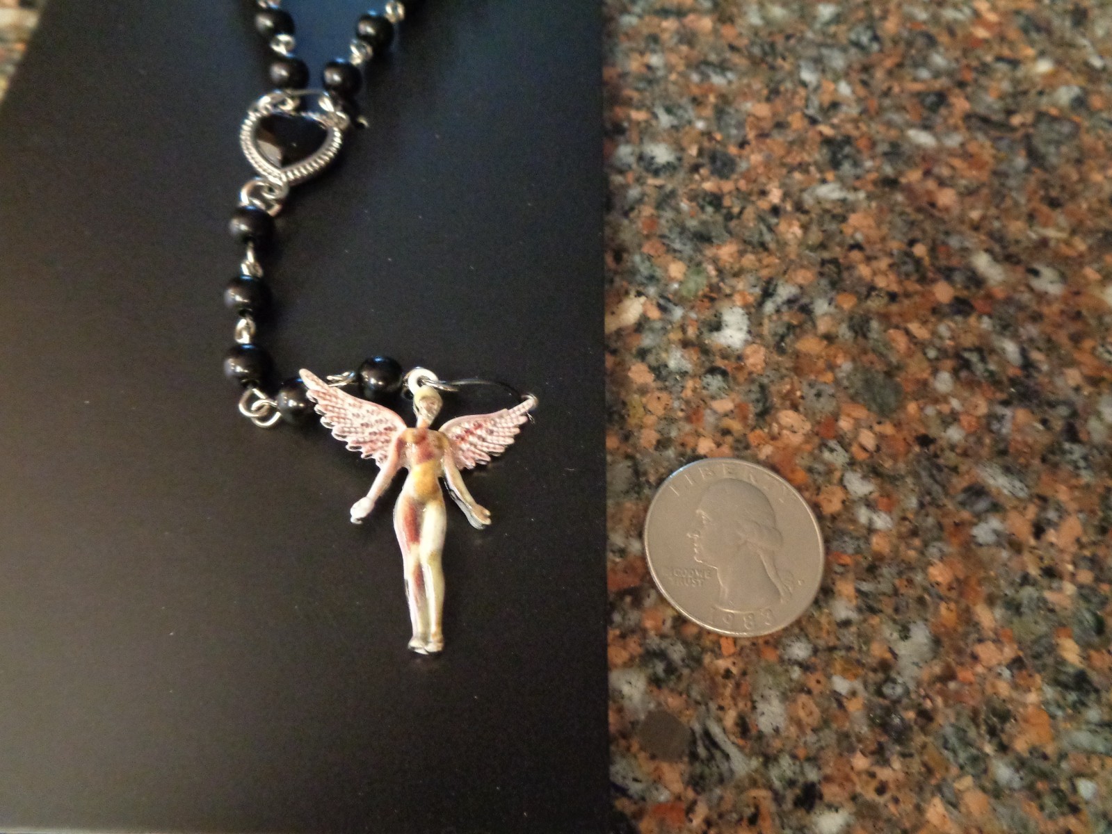 Nirvana In Utero Angel Rosary Necklace Black Bead Pendant Heart Cobain Brand New