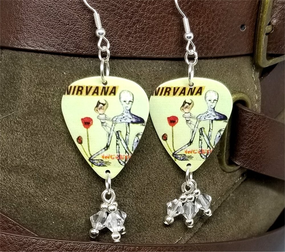 Nirvana Painting and Incesticide Guitar Pick Earrings with Swarovski Dangles