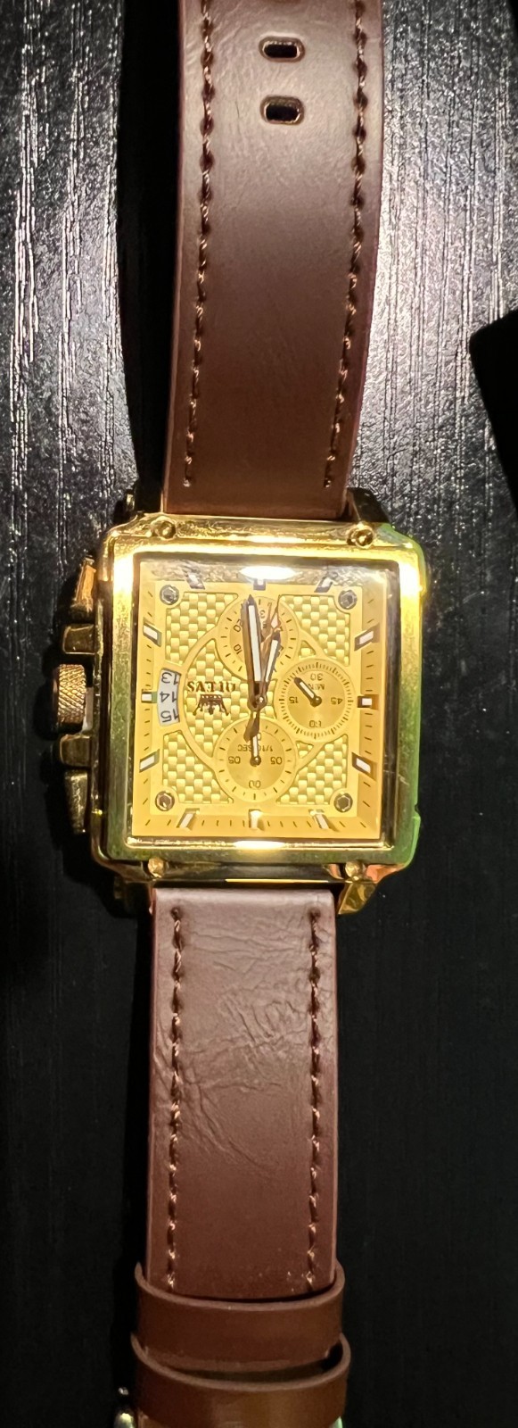 OLEVS Men’s Gold Tone Square Chronograph Watch Brown Leather Band Date Display