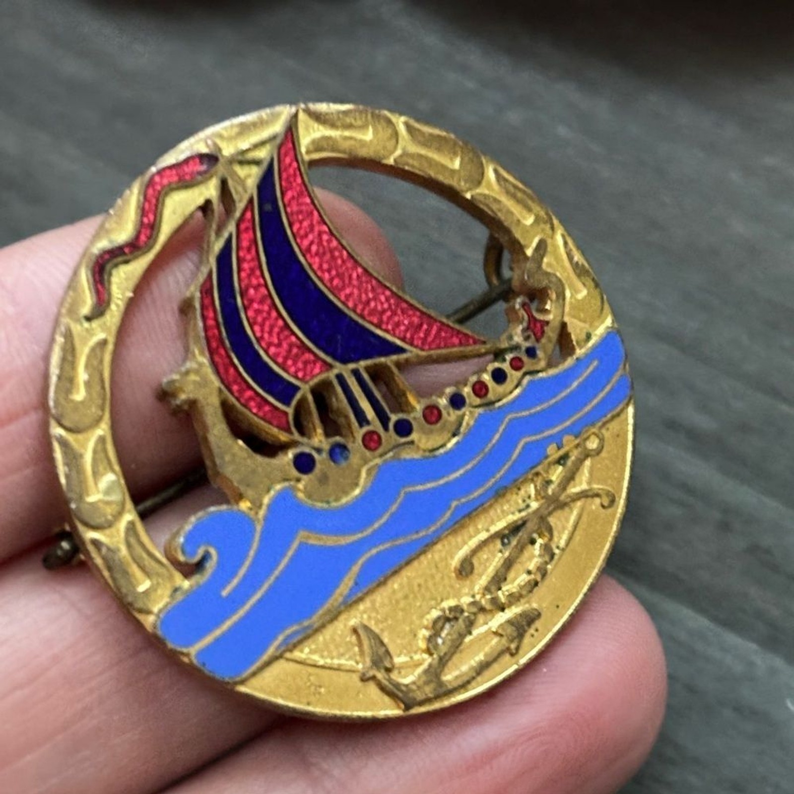 Vintage Lagerströms Mjölby Viking Ship Brooch with Pink and Blue Accents