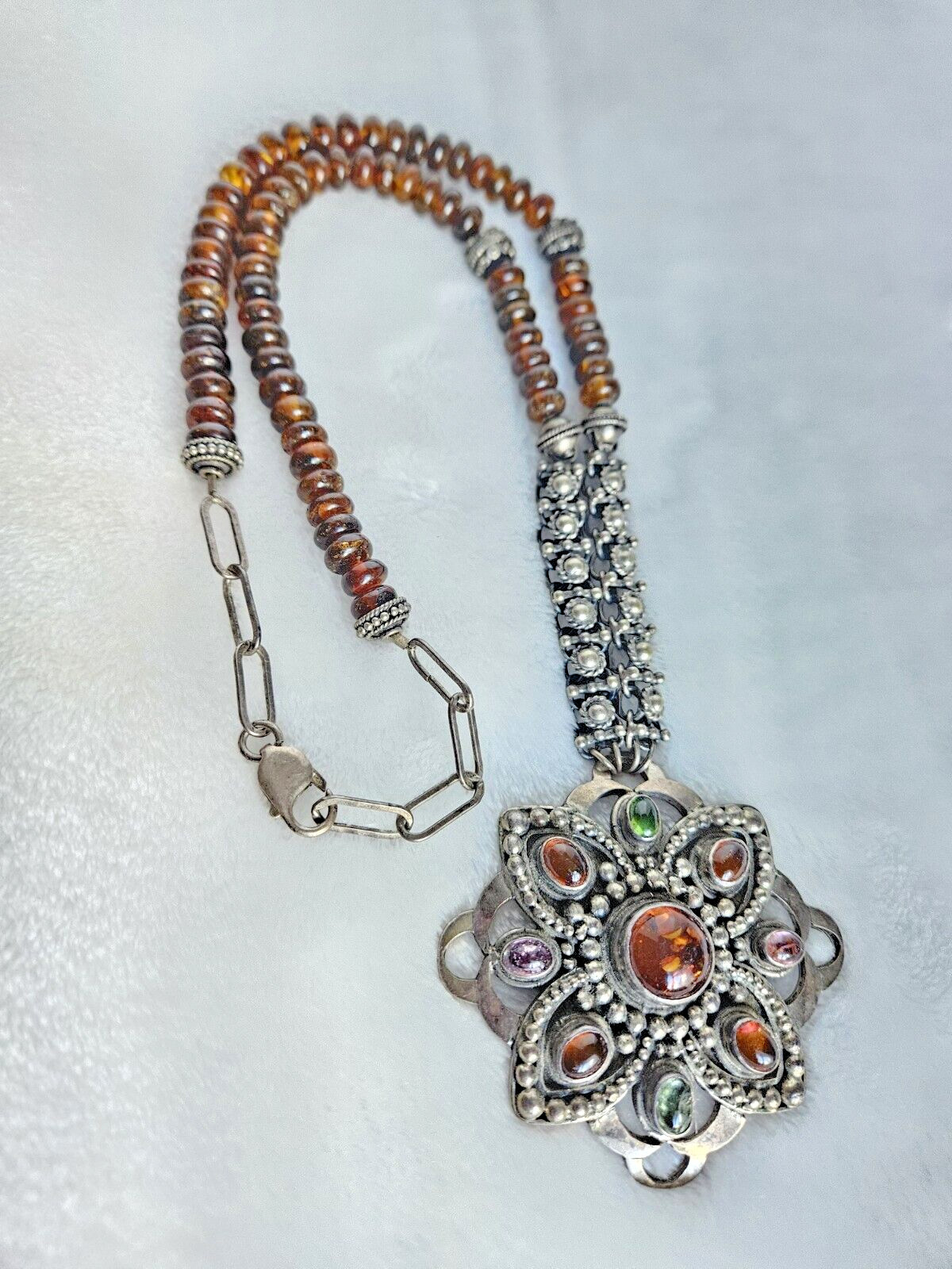 Vintage 925 Solid Sterling Silver Multicolor Amber Large Pendant Necklace