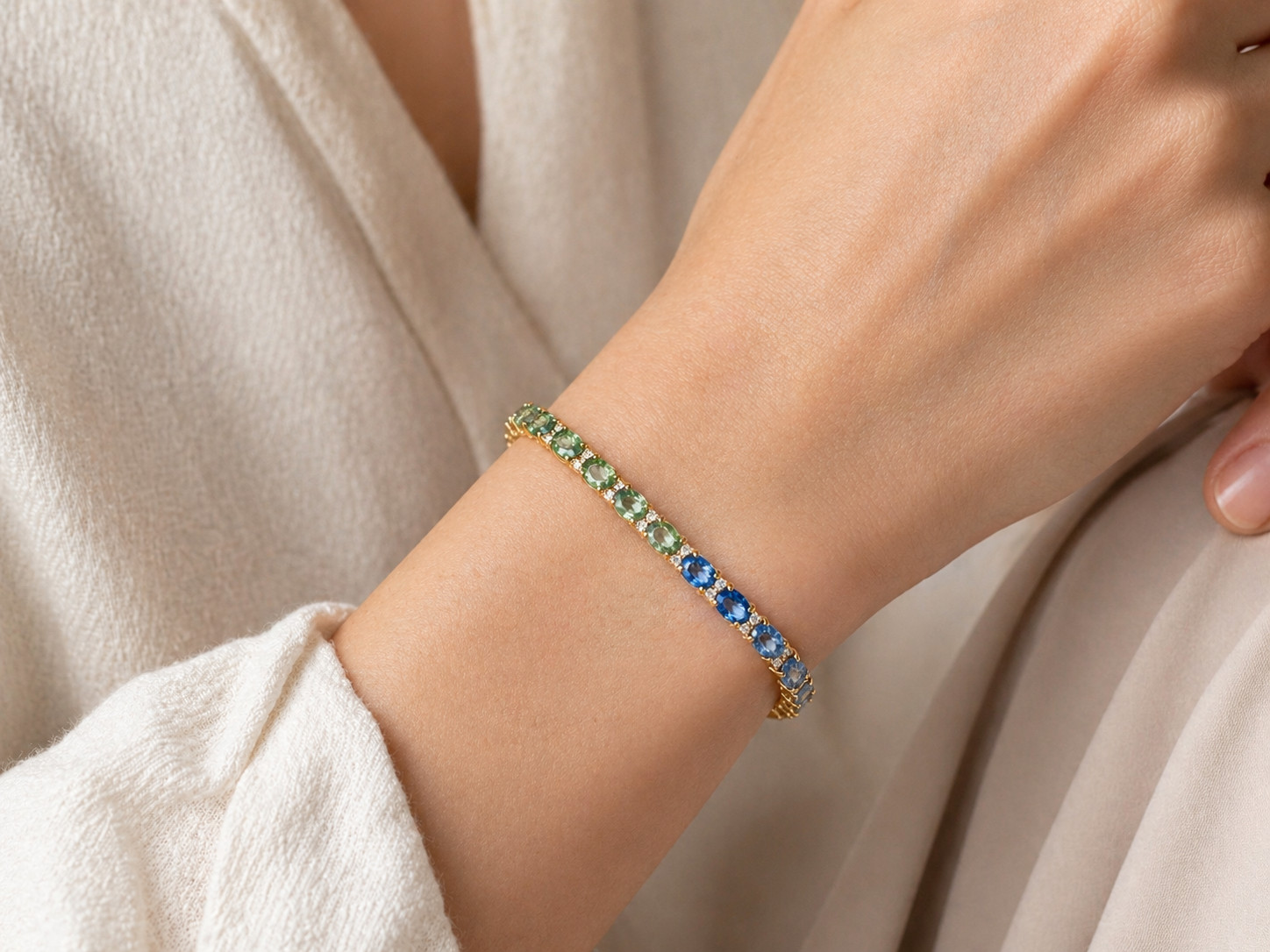 12.05 cttw Multicolor Natural Rainbow Sapphire Oval Cut Diamond Bracelet 18KY