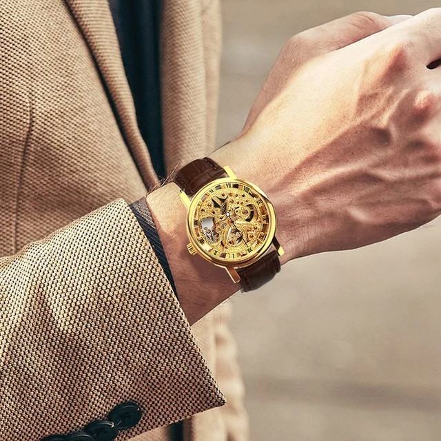 Jacob Transparent Gold Skeleton Mechanical Watch Casual Leather Strap Men