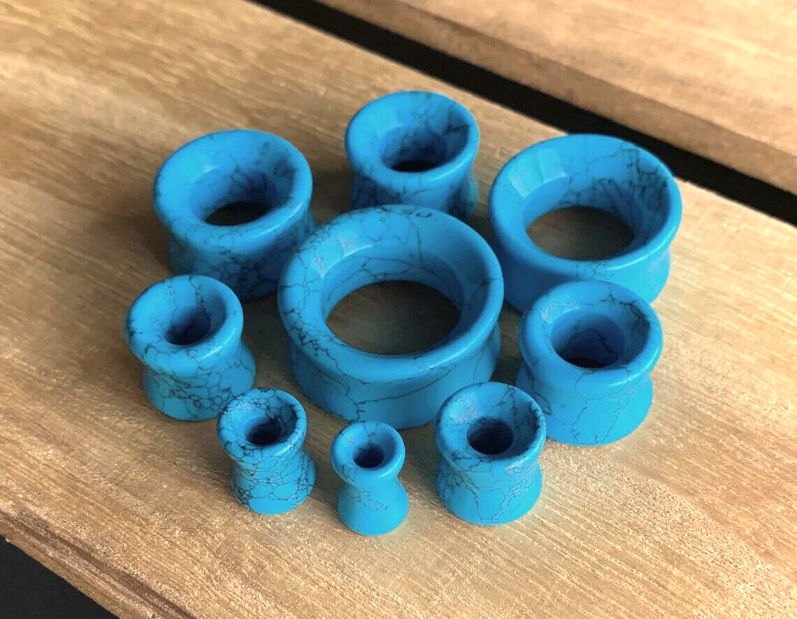 PAIR Synthetic Turquoise Stone Tunnels Double Flare Plugs Earlets Gauges