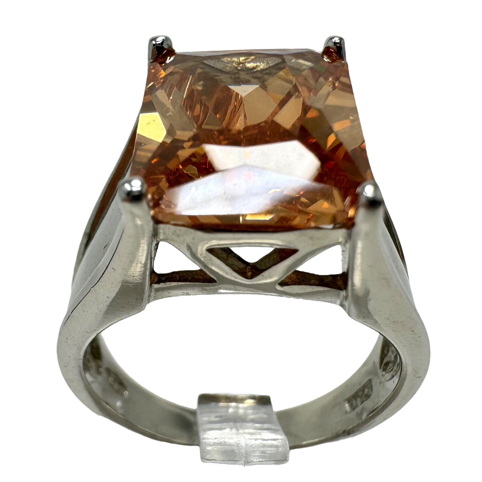 Vtg Silver Tone Faux Citrine Rhinestone Emerald Cut Large Solitaire Ring Sz 7