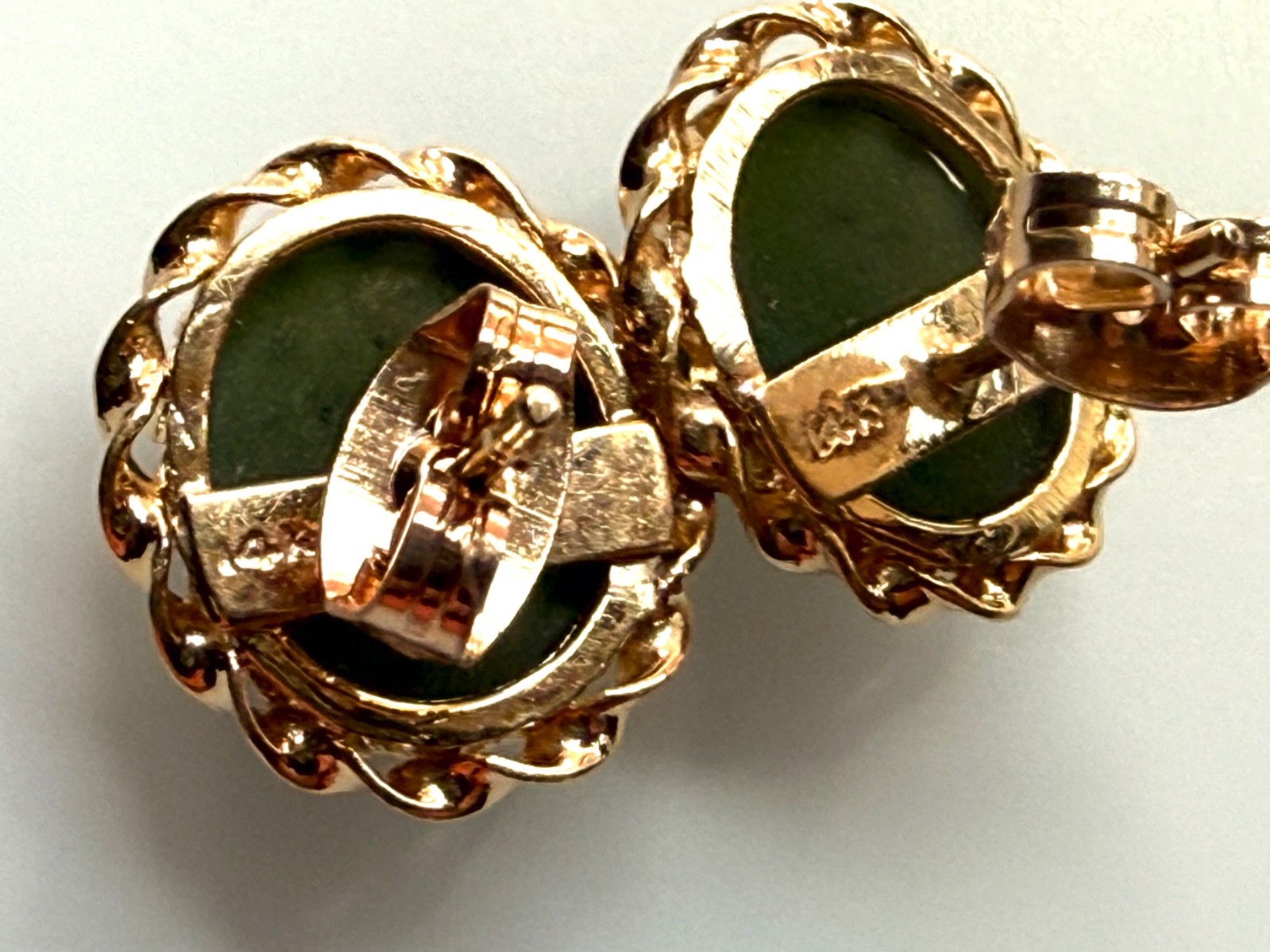 Vtg Stud Green Cabochons Earrings set in 14K Gold Intricate Twisted Prong Set…