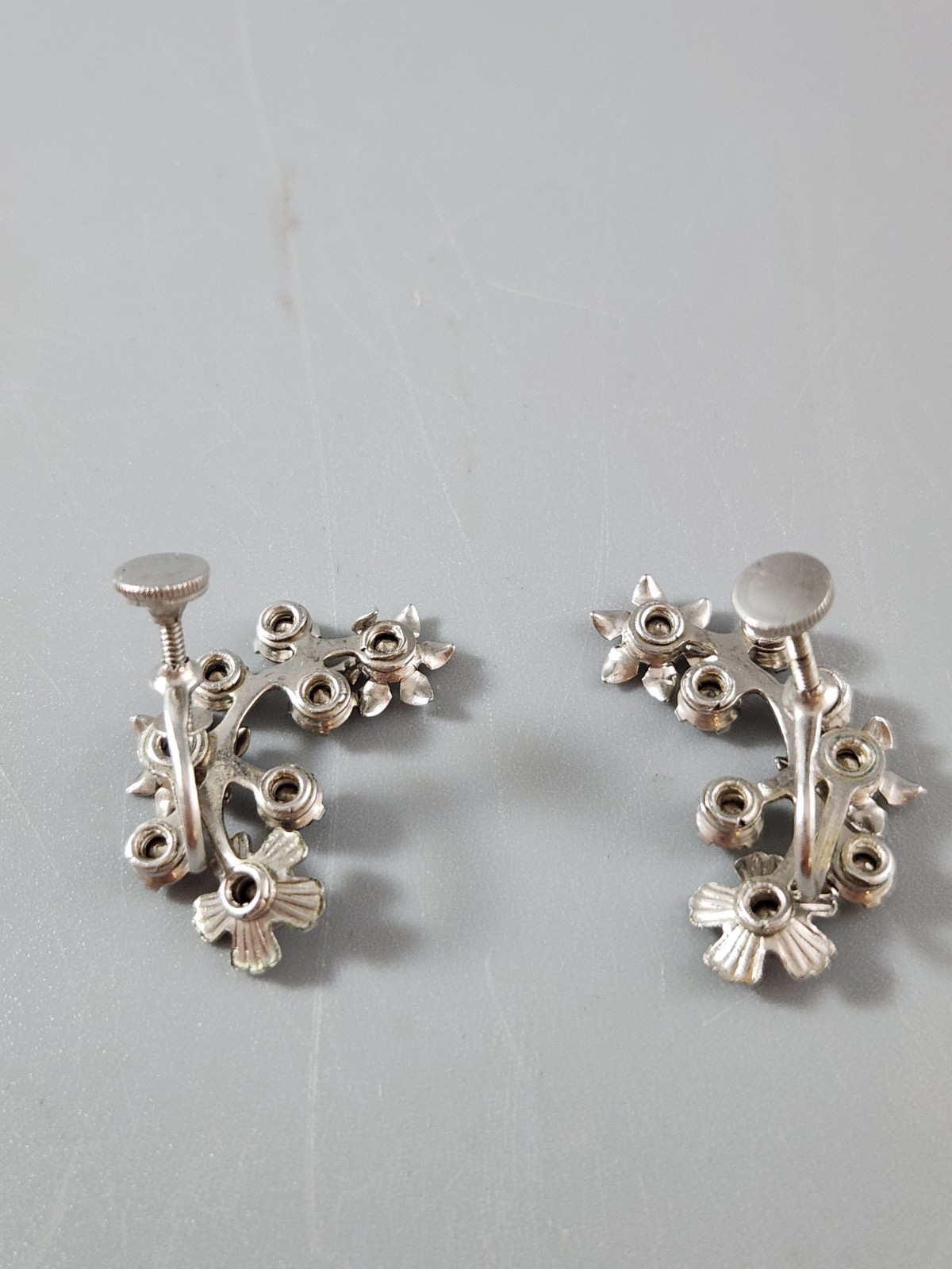Vintage Flower Rhinestone Climber Earrings Screw Back Mid-Century Statement