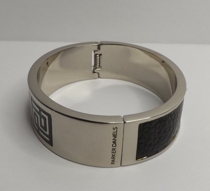 Parker Daniels Hinged Logo Block Black & Rhodium Bracelet – Leather Insert #PDJ9